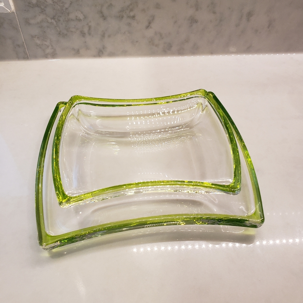 Vintage Mid Century Green Rimmed Glass Trinket Dishes Set